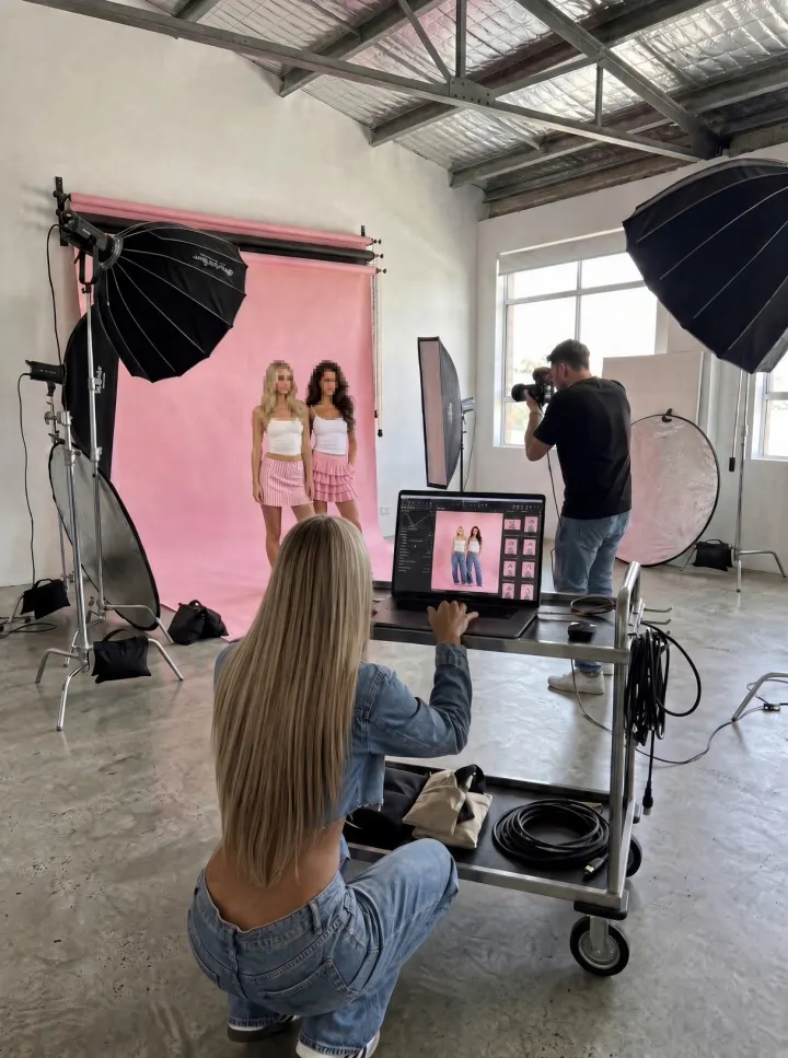 Sesión de fotos en estudio con dos creadoras sobre fondo rosa